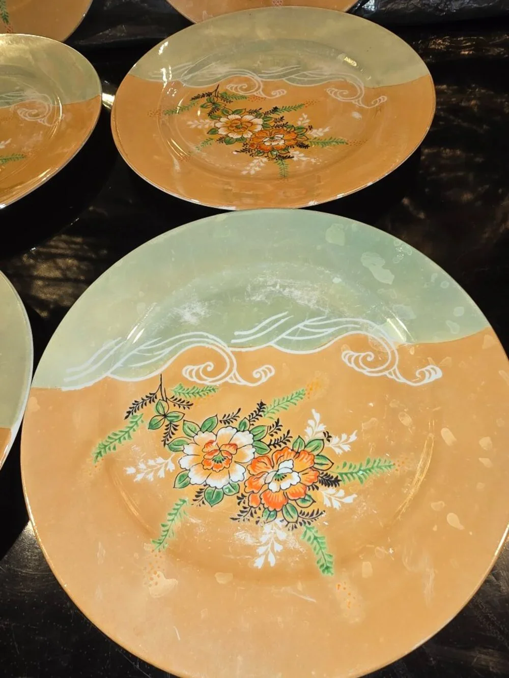 Japanese Lusterware Set of 6 Plates Hand painted Floral Peach Waves Blue 7.25